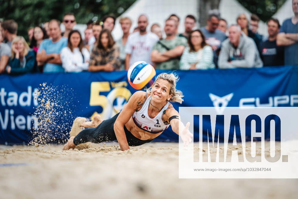 Beach Volleyball Women A1 CEV Beach Volleyball European Championships 2023 Laura Ludwig Louisa Lippmann GER vs Svenja Müller Cinja Tillmann GER 04 08 2023 Laura Ludwig 1, GER spectacular during defense in jump Vienna Donauinsel Vienna Austria