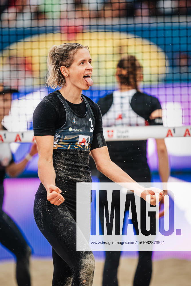 Beach Volleyball Women A1 CEV Beach Volleyball European Championships 2023 Tanja Hüberli Nina Brunner SUI vs Laura Ludwig Louisa Lippmann GER 05 08 2023 Laura Ludwig 1, GER sticks out her tongue Vienna Donauinsel Vienna Austria