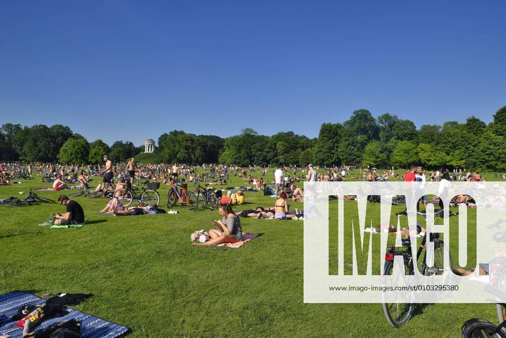 Meadow in the English Garden with Monopteros, Munich, Bavaria, Germany, Europe