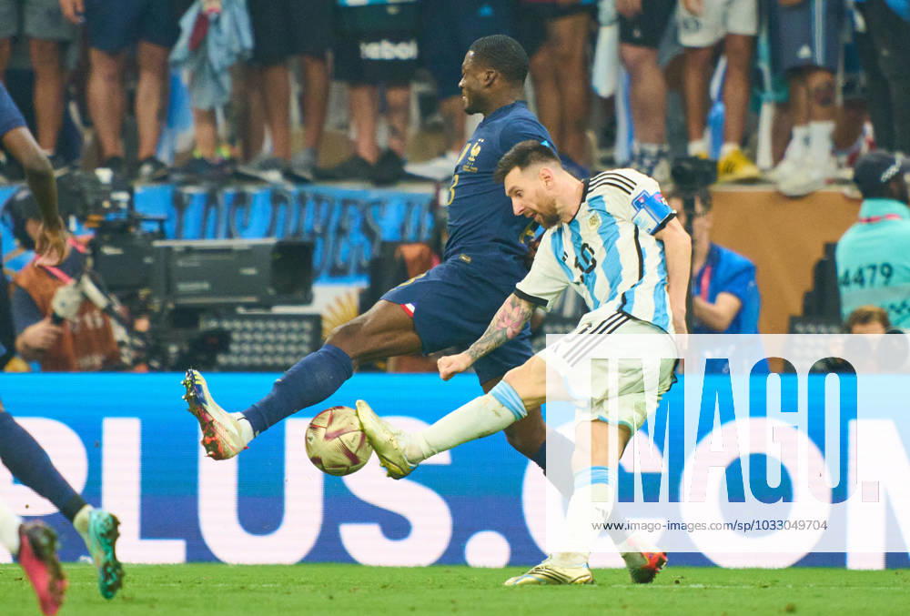 Lionel MESSI, Argentina 10 compete for the ball, tackling, duel, header, zweikampf, action, fight against Yousouf Fofana, FRA 13 in the WC Final match ARGENTINA - FRANCE 3-3 (7-5 after penalty shoot out) FIFA World Cup, WM, Weltmeisterschaft, Fussball 2022 QATAR Season 2022 2023, Dec 18, 2022 in Lusail Stadium in Doha, Qatar.