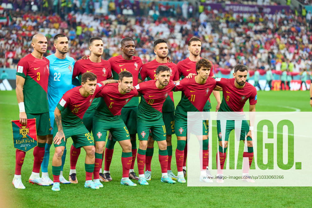 Team photo without Cristiano RONALDO, Por 7 : PEPE, Por 3 Diogo Costa, Por 22 William CARVALHO, Por 14 Joao Cancelo, Por 20 Ruben Dias, Por 4 Goncalo Ramos, POR 26 Raphael GUERREIRO, Por 5 Bernardo Silva, Por 10 Joao Felix, Por 11 Bruno Fernandes, Por 8 in the round of best 16 match PORTUGAL - SWITZERLAND 6-1 FIFA World Cup, WM, Weltmeisterschaft, Fussball 2022 QATAR Season 2022 2023, Dec 6, 2022 in Stadium Lusail in Doha, Qatar.