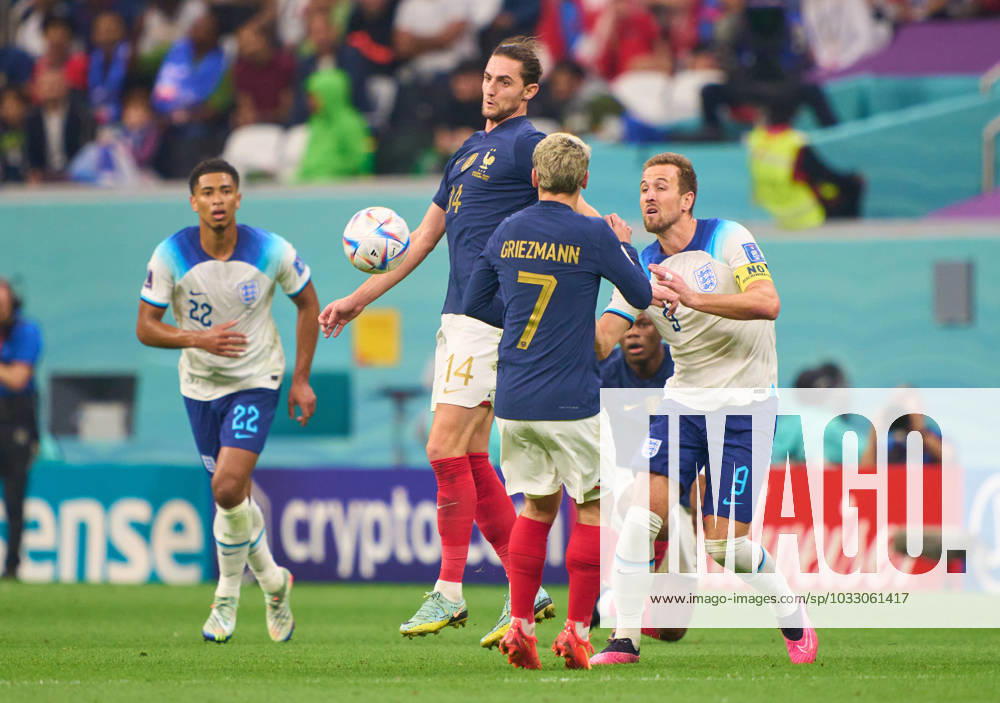 Harry KANE, England 9 Jude Bellingham, England 22 compete for the ball, tackling, duel, header, zweikampf, action, fight against Antoine GRIEZMANN, FRA 7 Adrien Rabiot, FRA 14 in the quarter final match ENGLAND - FRANCE 1-2 FIFA World Cup, WM, Weltmeisterschaft, Fussball 2022 QATAR Season 2022 2023, Dec 10, 2022 in Stadium Al Bayt in Doha, Qatar.