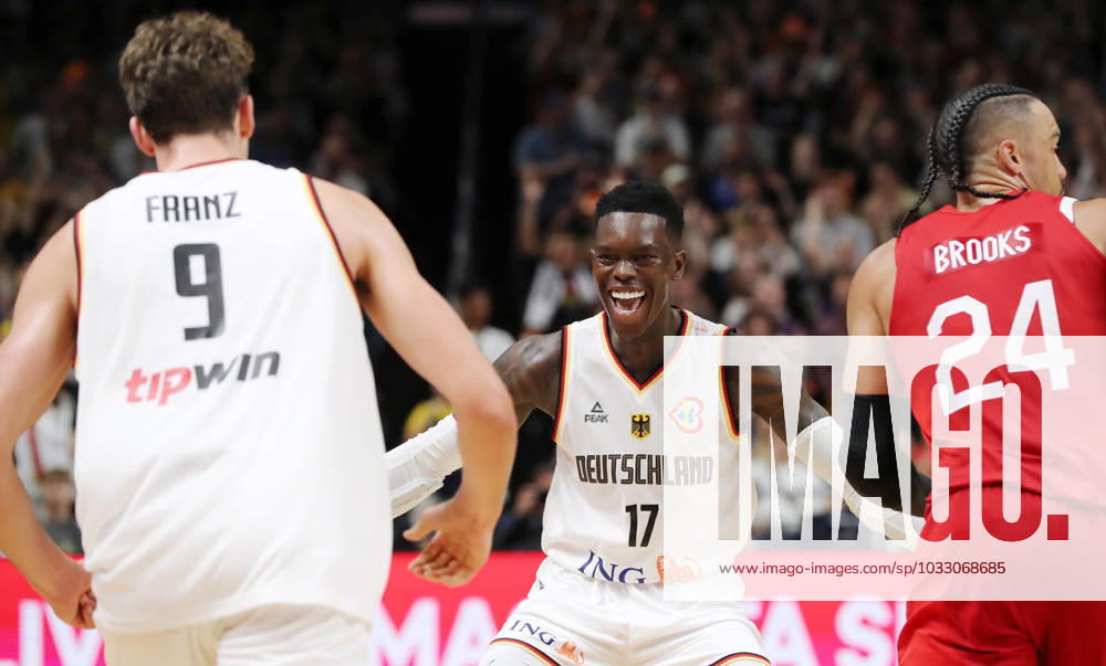 Franz Wagner GER , Dennis Schröder GER laughs cheers, re Dillon Brooks sports basketball DBB national team men international match season 2023 2024 09 08 2023 Germany GER vs Canada CAN