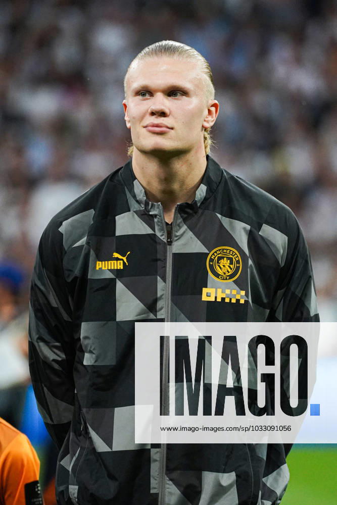 Real Madrid CF v Manchester City FC - Champions League MADRID, SPAIN, MAY 9: Erling Haaland during the Champions League Anthem in the 1st leg Champions League Semifinals match between Real Madrid CF and Manchester City FC at Estadio Santiago Bernabeu on May 9, 2023 in Madrid, Spain. Madrid Santiago Bernabeu Madrid Spain