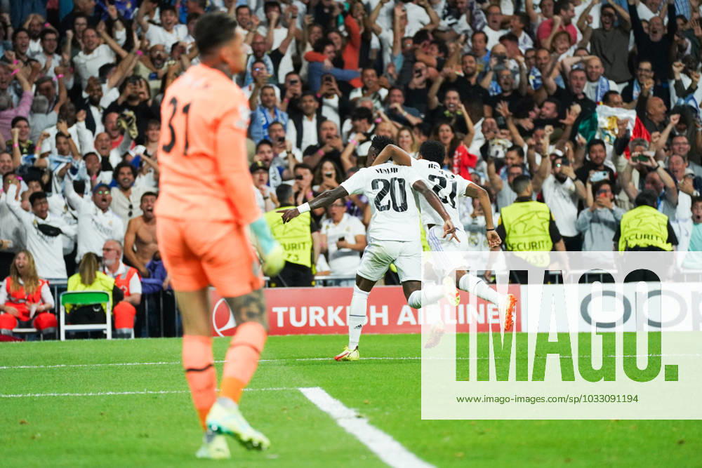 Real Madrid CF v Manchester City FC - Champions League MADRID, SPAIN, MAY 9:Vinicius Jr and Rodrygo Goes celebrate the goal of Vinicius Jr during the 1st leg Champions League Semifinals match between Real Madrid CF and Manchester City FC at Estadio Santiago Bernabeu on May 9, 2023 in Madrid, Spain. Madrid Santiago Bernabeu Madrid Spain