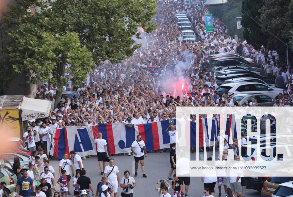Corteo of Torcida, supporters of Hajduk Split Toricida, supporters of Hajduk Split, on their way to Poljud Stadium ahead of the UEFA Conference League match between Hajduk Split v PAOK, in Spilt, Croatia, on August 10, 2023. IvoxCagalj PIXSELL