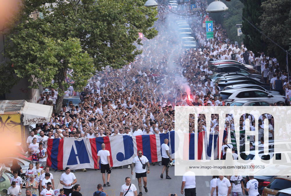 Corteo of Torcida, supporters of Hajduk Split Toricida, supporters of Hajduk Split, on their way to Poljud Stadium ahead of the UEFA Conference League match between Hajduk Split v PAOK, in Spilt, Croatia, on August 10, 2023. IvoxCagalj PIXSELL