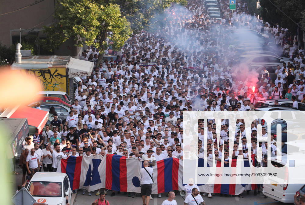 Corteo of Torcida, supporters of Hajduk Split Toricida, supporters of Hajduk Split, on their way to Poljud Stadium ahead of the UEFA Conference League match between Hajduk Split v PAOK, in Spilt, Croatia, on August 10, 2023. IvoxCagalj PIXSELL