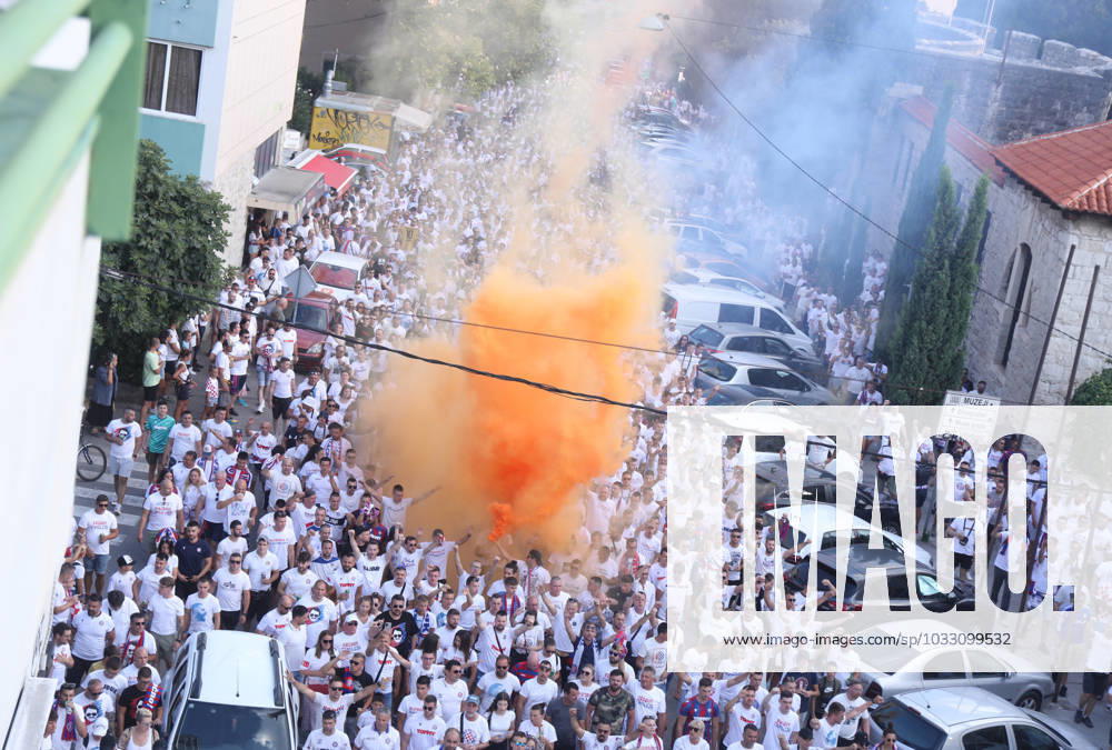 Corteo of Torcida, supporters of Hajduk Split Toricida, supporters of Hajduk Split, on their way to Poljud Stadium ahead of the UEFA Conference League match between Hajduk Split v PAOK, in Spilt, Croatia, on August 10, 2023. IvoxCagalj PIXSELL