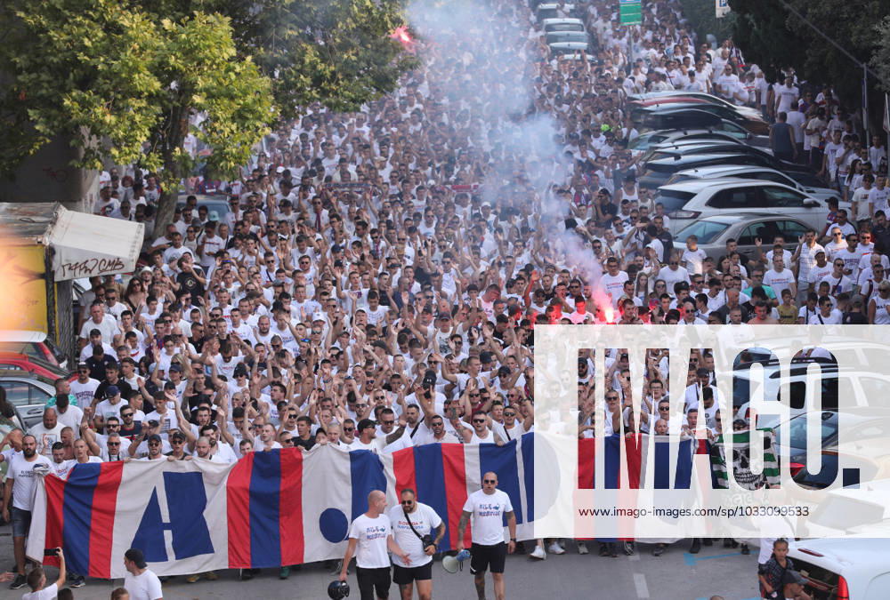 Corteo of Torcida, supporters of Hajduk Split Toricida, supporters of Hajduk Split, on their way to Poljud Stadium ahead of the UEFA Conference League match between Hajduk Split v PAOK, in Spilt, Croatia, on August 10, 2023. IvoxCagalj PIXSELL