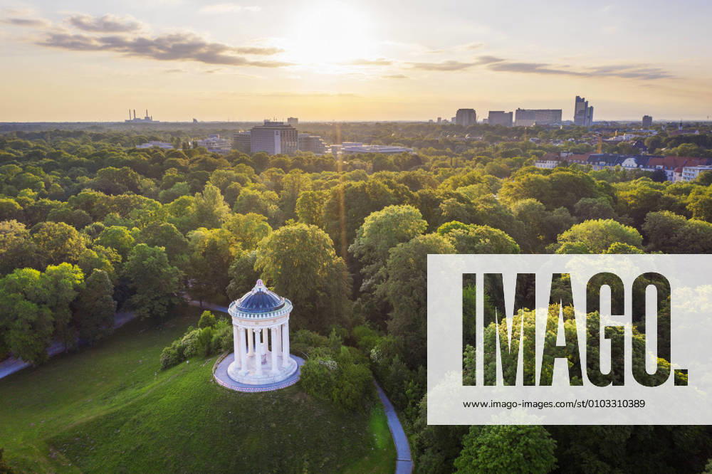 Germany, Bavaria, Munich, Aerial view of Monopteros in English Garden at sunset SIEF10002