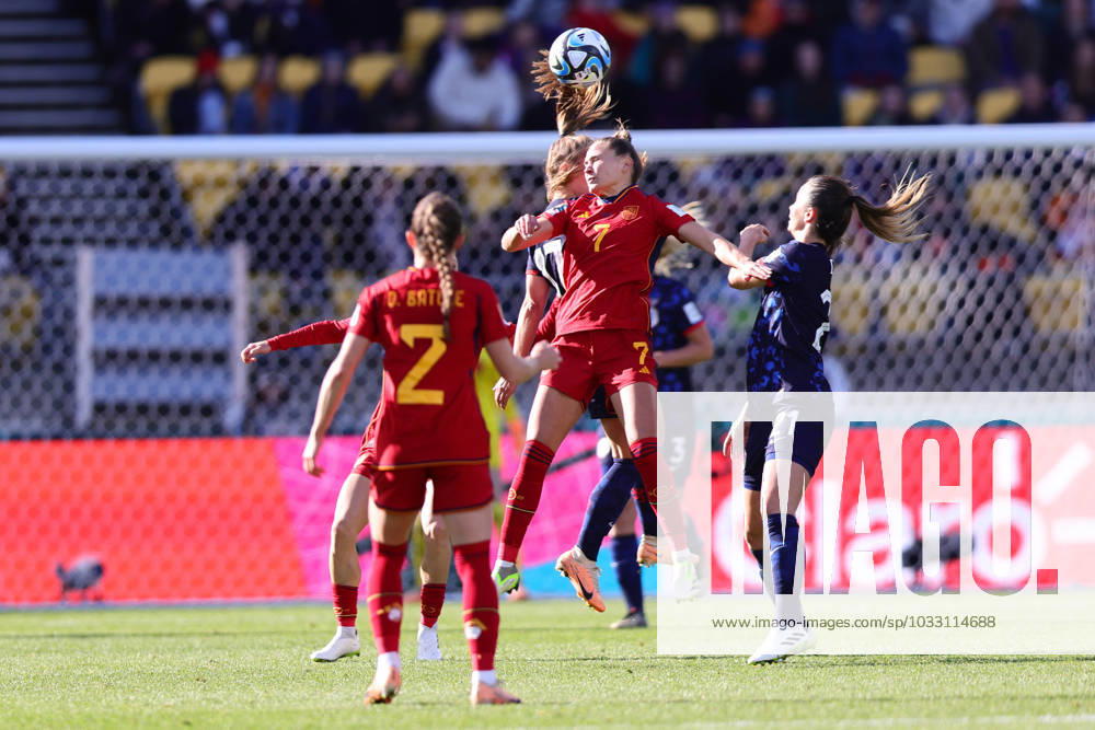 WWC23 QTR FINAL SPAIN NETHERLANDS, Irene Guerrero of Spain heads the ball during the FIFA Women s World Cup 2023 Quarter Final soccer match between Spain and the Netherlands in Wellington, New Zealand, Friday, August 11, 2023. ( NO ARCHIVING, , NO USE IN BOOKS WITHOUT CONSENT WELLINGTON NEW ZEALAND