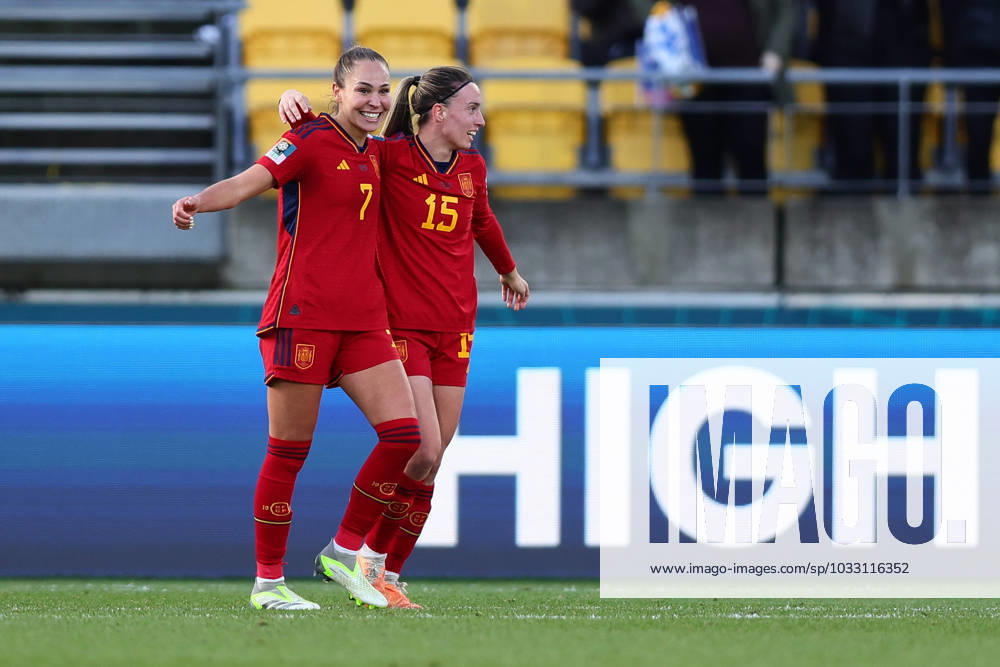 WWC23 QTR FINAL SPAIN NETHERLANDS, Irene Guerrero and Eva Navarro of Spain celebrate their win over the Netherlands during the FIFA Women s World Cup 2023 Quarter Final soccer match between Spain and the Netherlands in Wellington, New Zealand, Friday, August 11, 2023. ( NO ARCHIVING, , NO USE IN BOOKS WITHOUT CONSENT WELLINGTON NEW ZEALAND