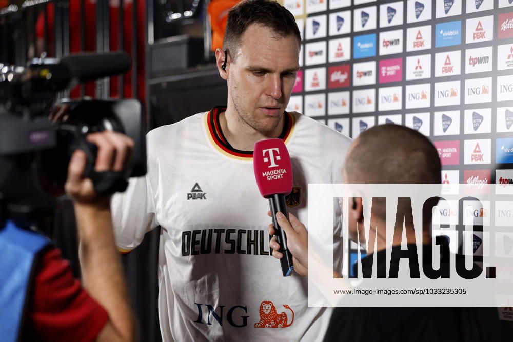 German Basketball Federation, Supercup 2023, Hamburg, edel optics de Arena, final, Germany Canada, Johannes Voigtmann GER, No7 interviewed by Benni Zander, Magenta Sport Hamburg edel optics de Arena Hamburg Germany