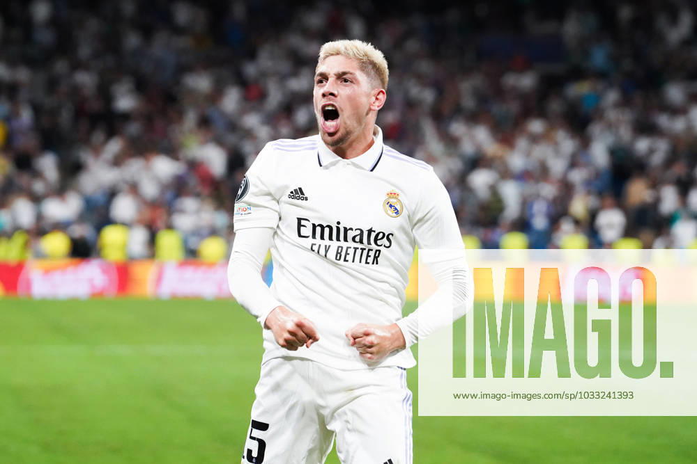 Real Madrid CF v Liverpool FC - Champions League MADRID, SPAIN, SEPTEMBER 14: Federico Valverde celebrates after scoring his goal during the UEFA Champions League group stage match between Real Madrid CF and RB Leipzig at Estadio Santiago Bernabeu on September 14, 2022 in Madrid, Spain. Madrid Santiago Bernabeu Madrid Spain