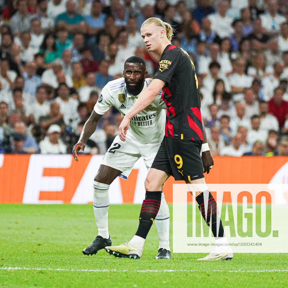 Real Madrid CF v Manchester City FC - Champions League MADRID, SPAIN, MAY 9: Antonio Rüdiger and Erling Haaland disputing a ball during the 1st leg Champions League Semifinals match between Real Madrid CF and Manchester City FC at Estadio Santiago Bernabeu on May 9, 2023 in Madrid, Spain. Madrid Santiago Bernabeu Madrid Spain