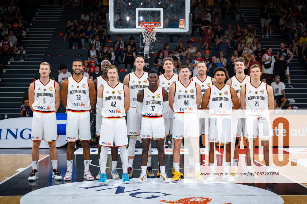 Basketball Hamburg 13 08 2023 DBB mens national team international test match Supercup Germany GER Canada CAN Team Germany back vlnr Nils Giffey Germany, No 05 Johannes Thiemann Germany, No 32 Isaac Bonga Germany, No 00 Johannes Voigtmann Germany, No 07 Moritz Wagner Germany, No 13 Daniel Theis Germany, No 10 Franz Wagner Germany, No 09 vlrne vlnr Andreas Obst Germany, No 42 Dennis Schröder Schroeder Germany, No 17 Schröder Schroder David Krämer Germany, No 44 Kraemer Kramer Maodo Lo Germany, No 04 Justus Hollatz Germany, No 21
