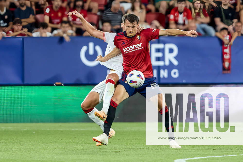 Ante Budimir (forward; CA Osasuna) and Daniel Vivian (defender; Atletic Club) in action during the Spanish La Liga Santander match between CA Osasuna and Atletic Club at the Sadar Stadium. Final scores; CA Osasuna; 0-2 Atletic Club. Pamplona Spain - ZUMAs197 20230819_aaa_s197_130
