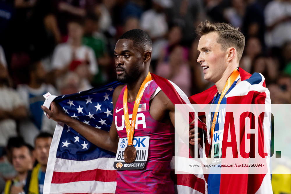 Rai Benjamin of USA and Karsten Warholm of Norway celebrate after competing in men s 400 meter hurdles final during day 5 of the 2023 World Athletics Championships on August 23, 2023 in Budapest Photo Vegard Grott BILDBYRAN kod VG JM0521 bbeng friidrott athletics friidrett 2023 world athletics championships world athletics championships budapest23 friidrotts vm friidretts vm vm jubel