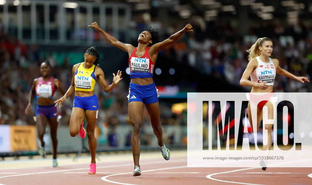 KW34 (230824) -- BUDAPEST, Aug. 24, 2023 -- Marileidy Paulino (2nd R) of the Dominican Republic celebrates after winning the Women s 400m Final of the World Athletics Championships Budapest 2023 in Budapest, Hungary, Aug. 23, 2023. ) (SP)HUNGARY-BUDAPEST-ATHLETICS-WORLD CHAMPIONSHIPS-DAY 5 WangxLili