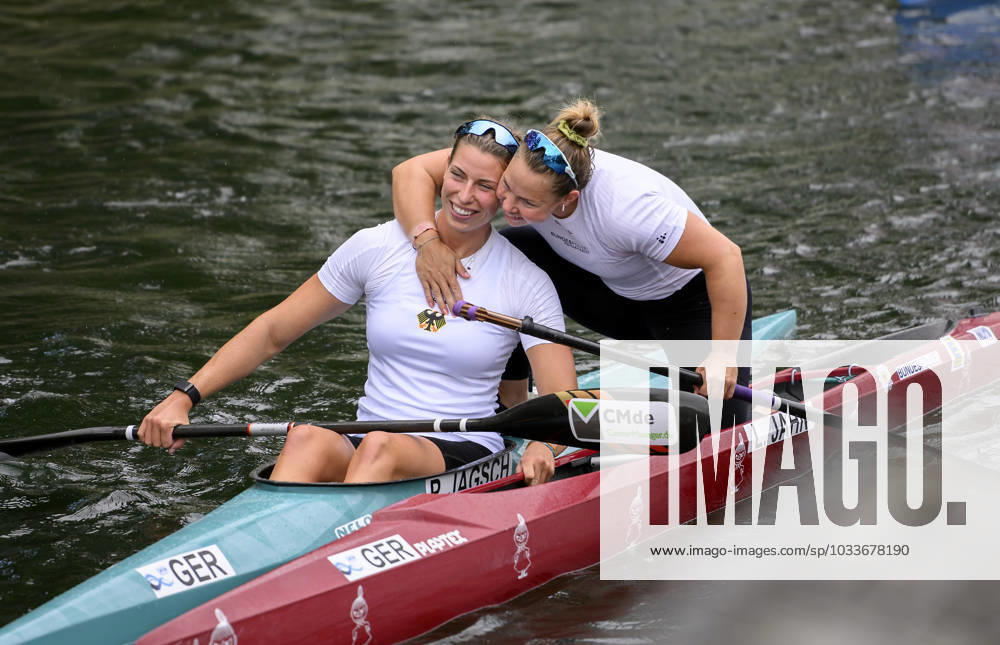 Lisa JAHN r GER congratulates Pauline JAGSCH l GER for the Final A entry, Semi Final K1 W 500, on 24 08 2023 Canoe Racing World Championships, from 23 08 27 08 2023 in Duisburg Germany Â