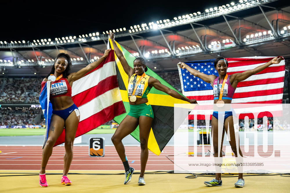 Jasmine Camacho Quinn of Cuba, Danielle Williams of Jamaica and Kendra HArrison of USA celebrate after women?s 100 meter hurdles during day 6 of the 2023 World Athletics Championships on August 24, 2023 in Budapest Photo Joel Marklund BILDBYRAN kod JM JM0522 bbeng friidrott athletics friidrett 2023 world athletics championships world athletics championships budapest23 friidrotts vm friidretts vm vm jubel