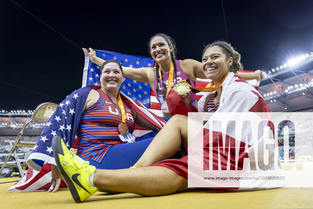 World Athletics Championships Budapest 23 Hungary, 24 08 2023 Budapest, Hungary August 24 Camryn ROGERS of CANADA CAN , Janee KASSANAVOID and DeAnna PRICE of the UNITED STATES USA after the hammer throw final on day 6 of the World Athletics Championships Budapest 23 at the National Athletics Centre in Budapest, Hungary on August 24, 2023