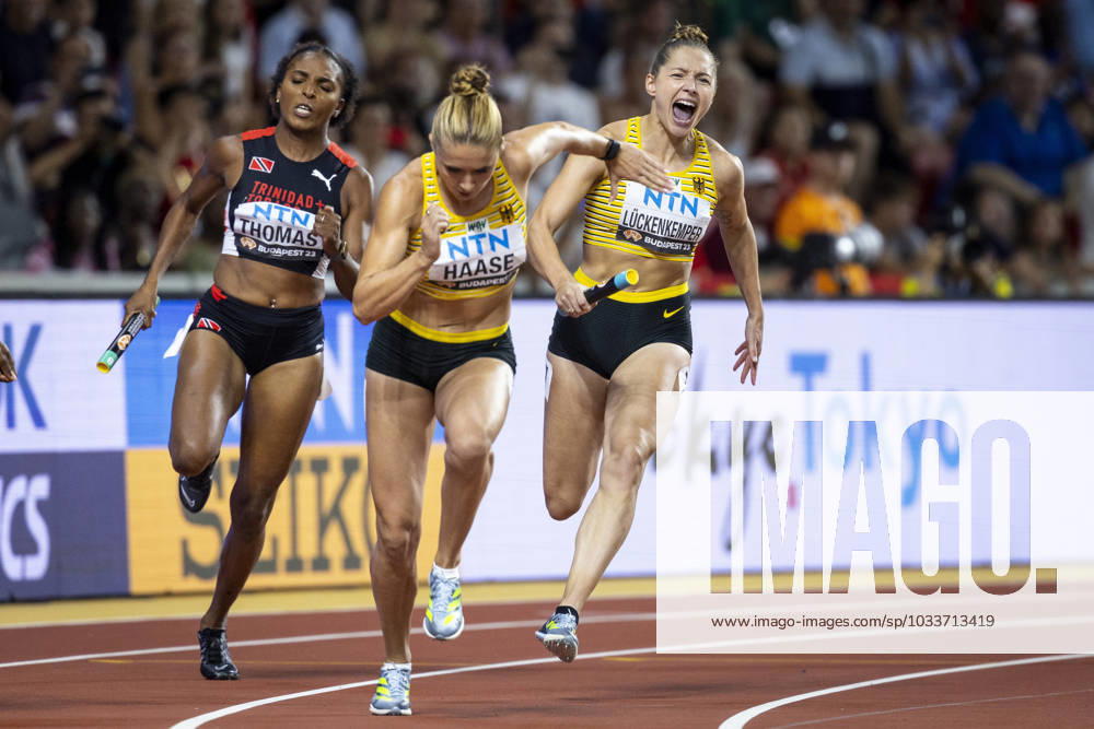 World Athletics Championships Budapest 23 Hungary, 25 08 2023 Budapest, Hungary August 25 Gina LUECKENKEMPER and Rebekka HAASE of GERMANY GER competing in the 4x100m Relay on position 3 and 4 on day 7 of the World Athletics Championships Budapest 23 at the National Athletics Centre in Budapest, Hungary on August 25, 2023