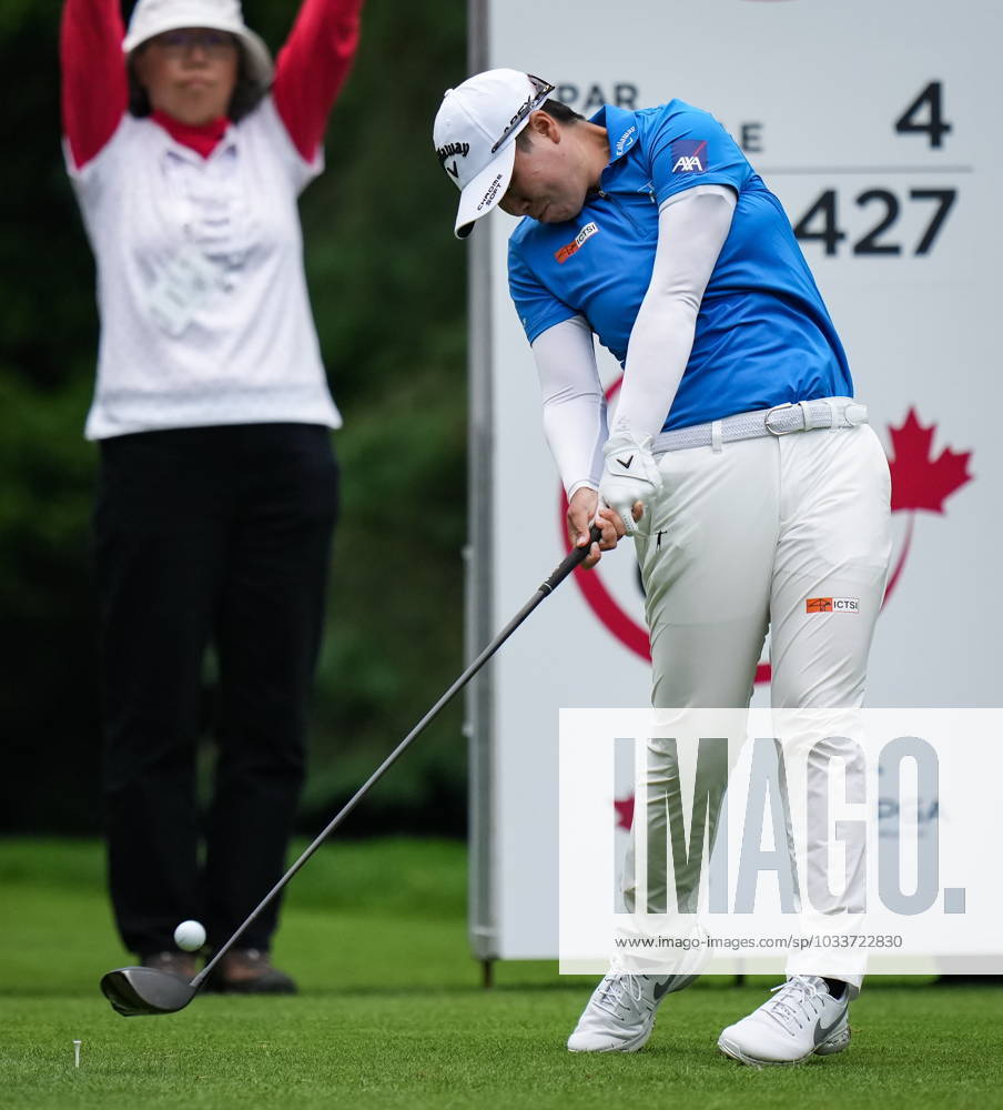 Yuka Saso, of Japan, hits her tee shot on the fifth hole during the second round at the LPGA, Golf Damen CPKC Canadian Women s Open golf tournament, in Vancouver, on Friday, August 25, 2023. Canada News - August 25, 2023 - ZUMAc35_ 20230825_zaf_c35_134