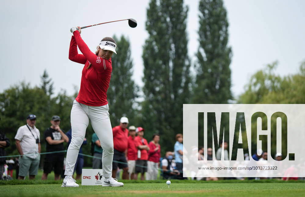 Hannah Green, of Australia, hits her tee shot on the sixth hole during the second round at the LPGA, Golf Damen CPKC Canadian Women s Open golf tournament, in Vancouver, on Friday, August 25, 2023. Canada News - August 25, 2023 - ZUMAc35_ 20230825_zaf_c35_155