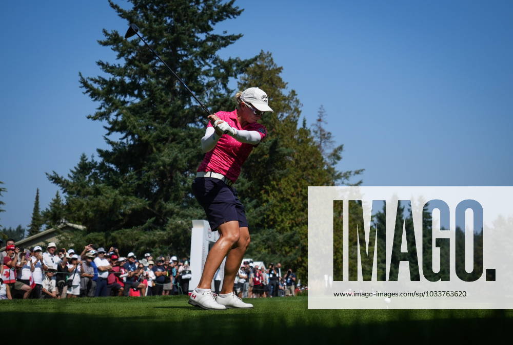 Alena Sharp, of Canada, hits her tee shot on the first hole during the third round at the LPGA, Golf Damen CPKC Canadian Women s Open golf tournament, in Vancouver, on Saturday, August 26, 2023. Canada News - August 26, 2023 - ZUMAc35_ 20230826_zaf_c35_012
