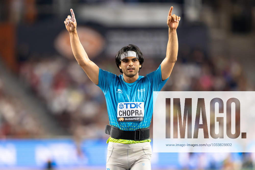 World Athletics Championships Budapest 23 Hungary, 27 08 2023 Neeraj CHOPRA of INDIA IND wins the gold medal in the mens javelin throw at the World Athletics Championships Budapest 23 in Budapest, National Athletics Centre, on Sunday