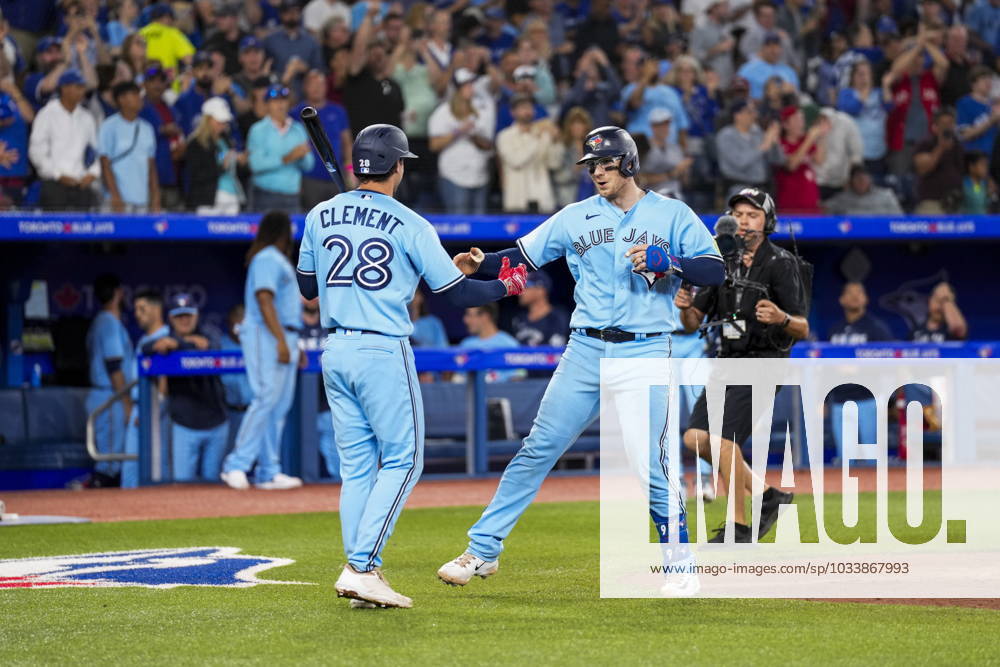 Toronto Blue Jays catcher Danny Jansen (9), right, celebrates his home run with teammate shortstop Ernie Clement (28) during third inning MLB, Baseball Herren, USA interleague baseball action against the Washington Nationals in Toronto on Monday, August 28, 2023. Canada News - August 28, 2023 - ZUMAc35_ 20230828_zaf_c35_045