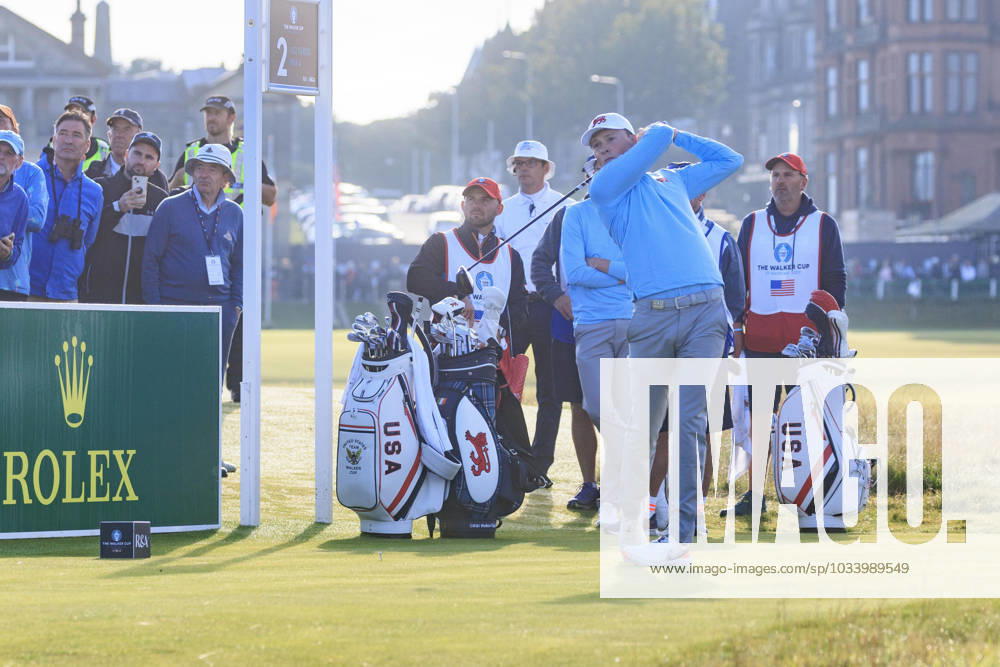 2nd September 2023; Old Course at St Andrews, St Andrews, Fife, Scotland; Walker Cup, Great Britain and Ireland versus USA, First Round; Mark Power of Great Britain and Ireland tees off on the second hole during the opening foursomes match ActionPlus12549240 DavidxYoung