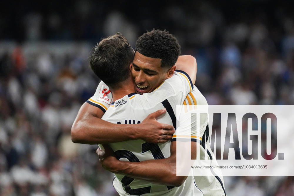 Real Madrid CF v Getafe CF - LaLiga EA Sports MADRID, SPAIN, SEPTEMBER 2: Jude Bellingham of Real Madrid Cf celebrates with Brahim Diaz of Real Madrid Cf Real Madrid s victory during the LaLiga Santander match between Real Madrid CF and Getafe CF at Estadio Santiago Bernabeu on September 2, 2023 in Madrid, Spain. Madrid Santiago Bernabeu Madrid Spain