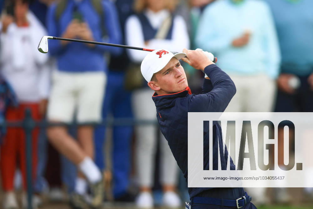 3rd September 2023; Old Course at St Andrews, St Andrews, Fife, Scotland; Walker Cup, Final Round; Calum Scott of Great Britain and Ireland tees off on the first hole on the Old Course, St Andrews, during a foursomes match ActionPlus12550332 DavidxYoung