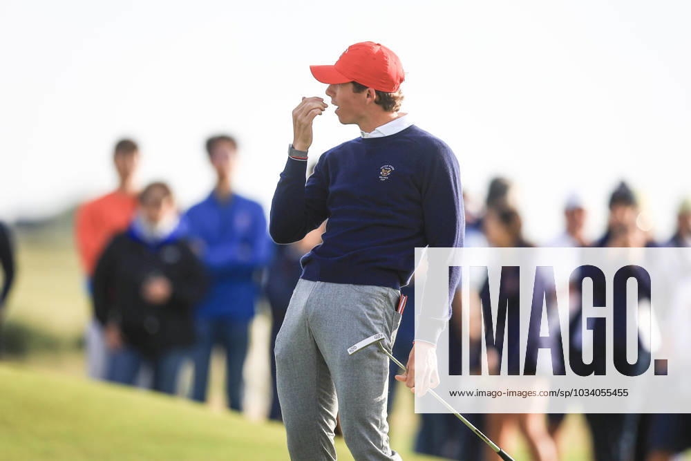 3rd September 2023; Old Course at St Andrews, St Andrews, Fife, Scotland; Walker Cup, Final Round; Gordon Sargent of the United States of America reacts to missing a putt on the second green on the Old Course, St Andrews, during a foursomes match ActionPlus12550340 DavidxYoung