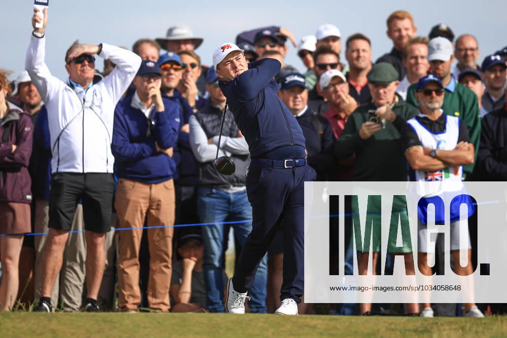 3rd September 2023; Old Course at St Andrews, St Andrews, Fife, Scotland; Walker Cup, Final Round; John Gough of Great Britain and Ireland tees off on the twelfth hole on the Old Course, St Andrews, during a foursomes match ActionPlus12550379 DavidxYoung