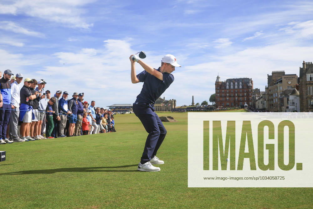 3rd September 2023; Old Course at St Andrews, St Andrews, Fife, Scotland; Walker Cup, Final Round; Connor Graham of Great Britain and Ireland tees off on the eighteenth hole on the Old Course, St Andrews, during a foursomes match ActionPlus12550402 DavidxYoung
