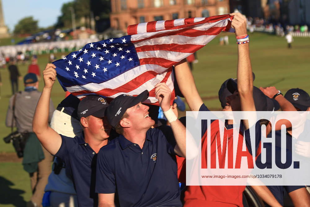3rd September 2023; Old Course at St Andrews, St Andrews, Fife, Scotland; Walker Cup, Final Round; The United States of America team celebrates with an American flag ActionPlus12550605 DavidxYoung