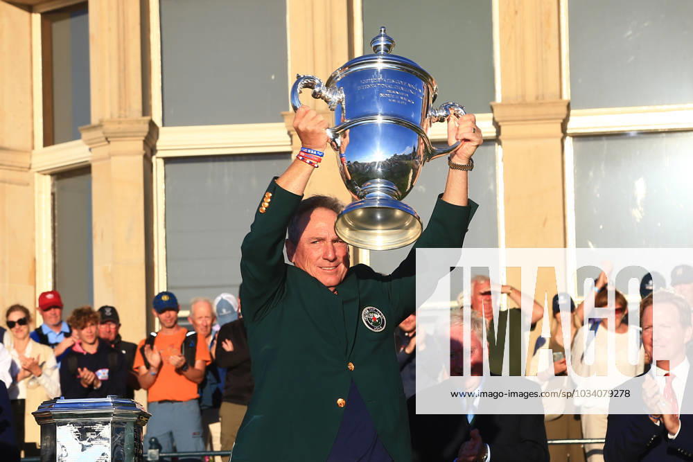 3rd September 2023; Old Course at St Andrews, St Andrews, Fife, Scotland; Walker Cup, Final Round; USA captain Mike McCoy lifts the Walker Cup ActionPlus12550614 DavidxYoung