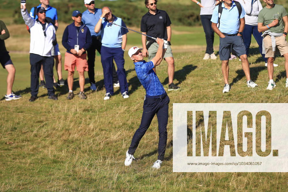 3rd September 2023; Old Course at St Andrews, St Andrews, Fife, Scotland; Walker Cup, Final Round; Calum Scott of Great Britain and Ireland plays from the rough on the sixteenth hole on the Old Course, St Andrews, during his singles match ActionPlus12550624 DavidxYoung