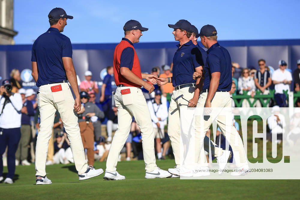 3rd September 2023; Old Course at St Andrews, St Andrews, Fife, Scotland; Walker Cup, Final Round; The United States of America team congratulate Gordon Sargent after his win over John Gough of Great Britain and Ireland ActionPlus12550630 DavidxYoung