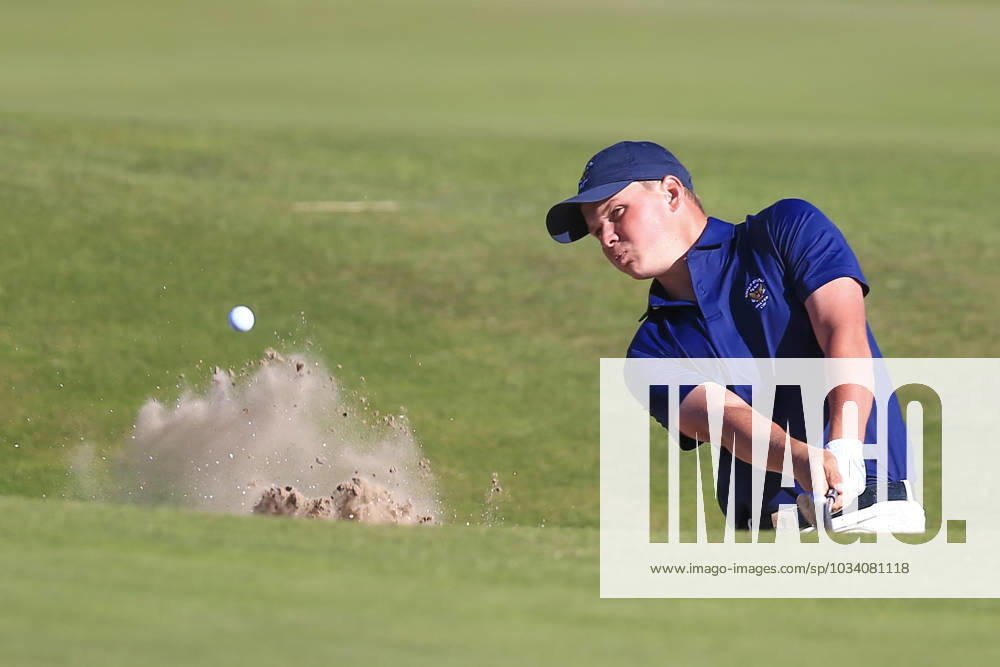 3rd September 2023; Old Course at St Andrews, St Andrews, Fife, Scotland; Walker Cup, Final Round; Caleb Surratt of the United States of America plays from a bunker on the fourteenth hole on the Old Course, St Andrews, during a singles match ActionPlus12550633 DavidxYoung