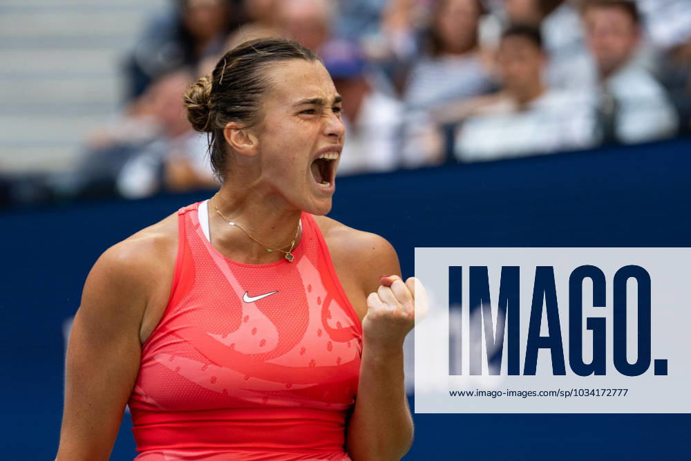 (230907) -- NEW YORK, Sept. 7, 2023 -- Aryna Sabalenka of Belarus celebrates during the women s singles quarterfinal against Zheng Qinwen of China at the 2023 US Open tennis championships in New York, the United States, Sept. 6, 2023. ) (SP)US-NEW YORK-TENNIS-US OPEN LiuxJie