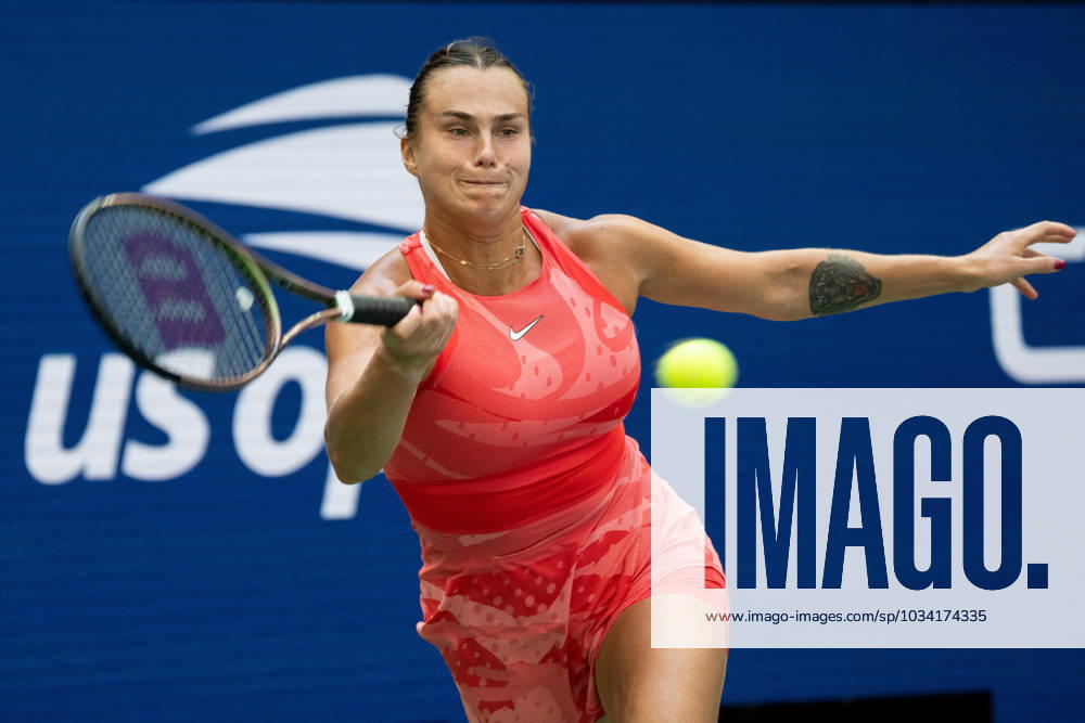 (230907) -- NEW YORK, Sept. 7, 2023 -- Aryna Sabalenka of Belarus hits a return during the women s singles quarterfinal against Zheng Qinwen of China at the 2023 US Open tennis championships in New York, the United States, Sept. 6, 2023. ) (SP)US-NEW YORK-TENNIS-US OPEN LiuxJie