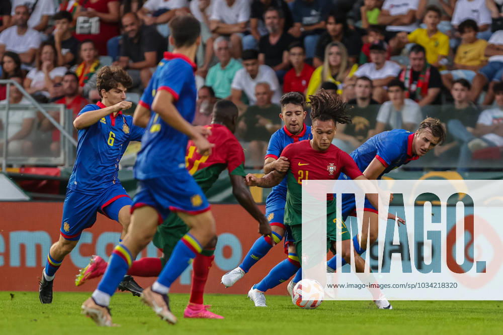 2025 U21, U 21 EURO Qualifying, EM, Europameisterschaft Portugal vs Andorra Pacos de Ferreira, Portugal, September, 8, 2023, 2025 U21 Euro Qualifying, Portugal vs Andorra at the Estadio Capital do Movel, Diego Moreira dribbles Andorra players, photography by @guelbergoes Pacos de Ferreira Portugal