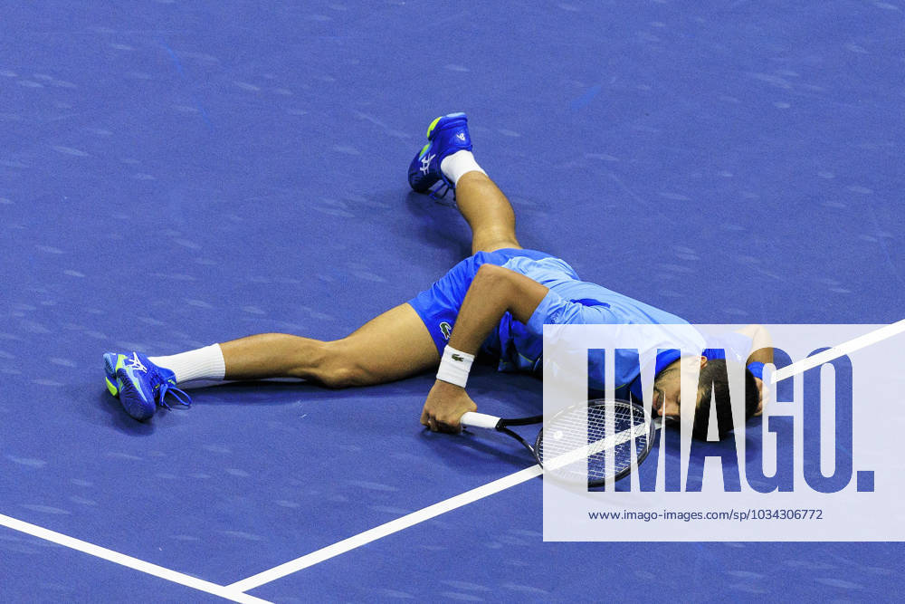 Novak Djokovic falls during the final game in his defeat of Daniil Medvedev by a score of 6-3, 7-6 (7-5), 6-3 to win the Menâ€⠢s 2023 U.S. Open Tennis Final on Day 14 at the USTA Billie Jean King National Tennis Center on Sunday September 10, 2023 in the Flushing neighborhood of the Queens borough of New York City. JAVIER ROJAS PI Flushing Meadows USA - ZUMAp124 20230910_zaa_p124_069