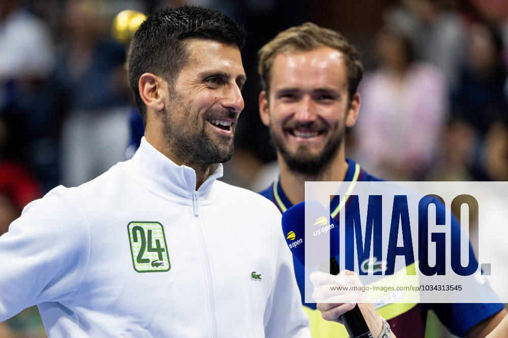 (230911) -- NEW YORK, Sept. 11, 2023 -- Novak Djokovic (L) of Serbia and Daniil Medvedev of Russia react during the awarding ceremony for the men s singles event at the 2023 US Open tennis championships in New York, the United States, on Sept. 10, 2023. ) (SP)US-NEW YORK-TENNIS-US OPEN LiuxJie