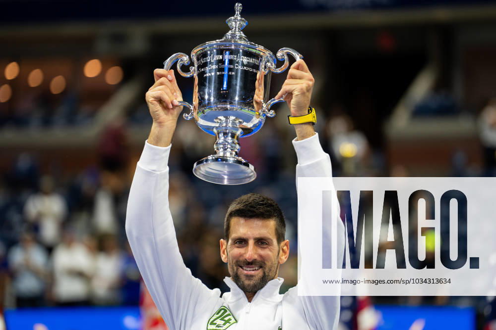 (230911) -- NEW YORK, Sept. 11, 2023 -- Novak Djokovic of Serbia celebrates during the awarding ceremony for the men s singles event at the 2023 US Open tennis championships in New York, the United States, on Sept. 10, 2023. ) (SP)US-NEW YORK-TENNIS-US OPEN LiuxJie